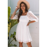 White Floral Lace Puff Sleeve Empire Waist Mini Dress - L thumbnail