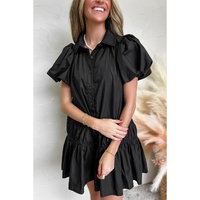 Black Shirt Style Button Down Puff Sleeve Ruffle Hem Dress - M thumbnail