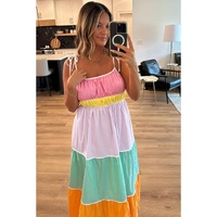 Multicolour Colorblock Self-tie Straps High Waist Flowy Maxi Dress with Pockets - L thumbnail