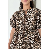 Multicolour Leopard Tie Front Puff Sleeve Short Flared Dress - S thumbnail
