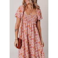 Pink Floral Square Neck Knotted Ruffle Midi Dress - L thumbnail