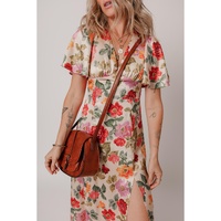 Multicolour Vintage Floral V Neck Short Sleeve Tie Back Long Slit Dress - XL thumbnail