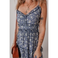 Blue Floral Spaghetti Strap Frilled V Neck Tiered Midi Dress - M thumbnail