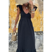Black V Neck Flutter Sleeve Smocked Bodice High Waist Ruffle Maxi Dress - S thumbnail