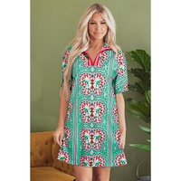 Mint Green Geometric Butterfly Print Split Neck Short Sleeve Dress - L thumbnail