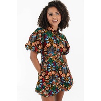 Multicolour Floral Puff Short Sleeve Shirt Mini Dress - M thumbnail