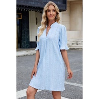 Beau Blue Jacquard Texture Flared Short Sleeve Notched Neck Mini Dress - M thumbnail