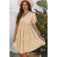 Yellow Floral Short Sleeve V Neck Frilly Tiered Mini Dress - L thumbnail