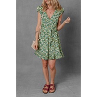 Green Flower Print Flutter Sleeve V Neck Sashed Ruffled Mini Dress - XL thumbnail