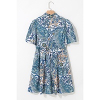 Blue Bohemian Paisley Floral V Neck Short Sleeve Mini Dress - XL thumbnail