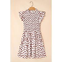 Brown Abstract Printed Flutter Sleeve Smocked Bodice Short Dress - L thumbnail
