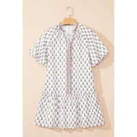 Pink Floral Print Bubble Sleeve Neck Tie Ruffled Dress - L thumbnail