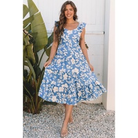 Sky Blue Floral U Neck Flutter Shoulder Tiered Flowy Midi Dress - S thumbnail