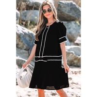 Black Contrast Scallop Trim Bow Detail Half Sleeve Shift Dress - S thumbnail