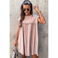 Oatmeal Frilled Trim Crew Neck Loose Fit Mini Dress - L thumbnail