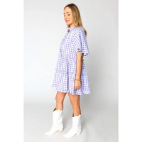 Lavendula Plaid Ruffle Wide Short Sleeve Babydoll Mini Dress - L thumbnail