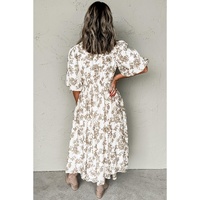 Khaki Floral Puff Sleeve V Neck Buttoned Front Maxi Dress - L thumbnail