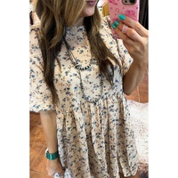 Beige Floral Puff Short Sleeve Empire Waist Mini Dress - L thumbnail