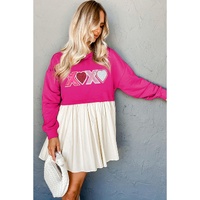 Rose Red Sequin Heart XOXO Graphic Colorblock Patchwork Hem Sweatshirt Dress - L thumbnail