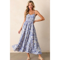 Sky Blue Floral Print Spaghetti Strap High Waist Maxi Dress - L thumbnail