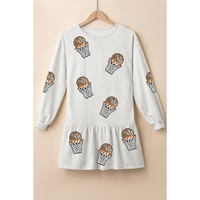 White Sequined Basketball Patched Ruffled Long Sleeve Mini Dress - M thumbnail