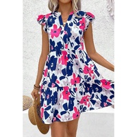 Fashion Floral Print Notched Neck Flutter Sleeve Mini Dress - L thumbnail