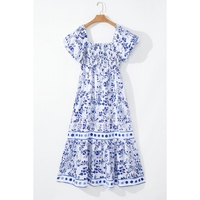 Sky Blue Floral Print Square Neck Bubble Sleeve High Waist Maxi Dress - XL thumbnail