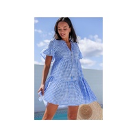Sky Blue Gingham Short Sleeve Button Tie Split Neck Loose Mini Dress - L thumbnail