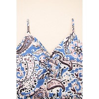 Blue Paisley Print Twist Detail Smocked Back Spaghetti Straps Long Dress - L thumbnail