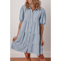 Beau Blue Shirt Collar Button Up Short Puff Sleeve Tiered Shift Dress - M thumbnail