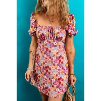 Red Floral Puff Sleeve Square Neck Knot Open Back Mini Dress - L thumbnail