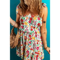 Red Floral Knotted Straps Cinched Waist Ruffle Hem Mini Dress - L thumbnail