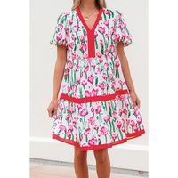 Pink Floral Print Contrast Trim V Neck Bubble Short Sleeve Babydoll Dress - L thumbnail