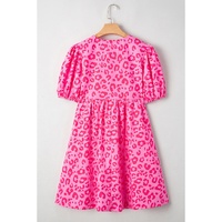 Rose Leopard Puff Sleeve Tie Front High Waist Mini Dress - S thumbnail