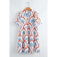 Orange Contrast Palm Tree Printed Short Sleeve Flowy Dress - L thumbnail