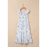 Sky Blue Floral Smocked High Waist Double Ruffle Sleeveless Long Dress - XL thumbnail