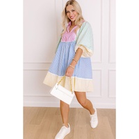 Multicolour Striped Patchwork Ric Rac Puff Sleeve Collared Mini Dress - L thumbnail