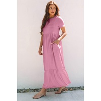 Pink Solid Color T-shirt High Waist Pocketed Long Dress - M thumbnail