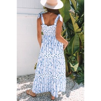 Sky Blue Floral Smocked Tied Straps A-Lined Tiered Maxi Dress - L thumbnail