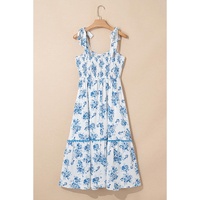 Sky Blue Floral Print Shirred Knot Shoulder Sleeveless Long Dress - S thumbnail