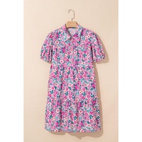 Pink Floral Collared Half Placket Short Sleeve Loose Dress - L thumbnail