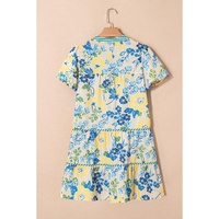 Blue Floral Striped Trim Puff Short Sleeve Dress - L thumbnail