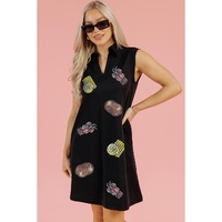 Black Sequin Patched V Neck Collared Mini Dress - S thumbnail