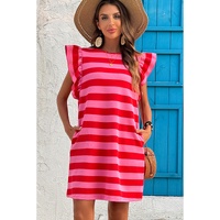 Red Stripe Flutter Sleeve Round Neck Shift Dress - S thumbnail