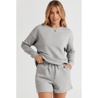 Gray Textured Long Sleeve Top and Drawstring Shorts Set - S thumbnail