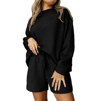 Black Textured Long Sleeve Top and Drawstring Shorts Set - XL thumbnail