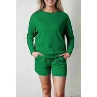 Green Textured Long Sleeve Top and Drawstring Shorts Set - M thumbnail