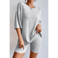 Gray Plain Ribbed Loose Fit Two Piece Lounge Set - S thumbnail