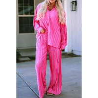 Rose Pleated Long Sleeve Shirt and Wide-Leg Pants Set - S thumbnail
