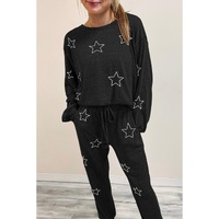 Black Stars Print Long Sleeve Drawstring High Waist Lounge Set - M thumbnail